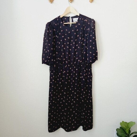 Vintage 70s 80s black floral sheer 3/4 slvs pleat top midi dress M/L‎ grunge - Picture 1 of 9